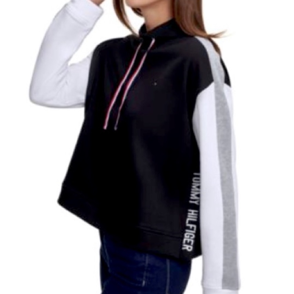 Tommy Hilfiger Colorblocked Mock Neck Cropped Sweatshirt HTF Black Combo XL